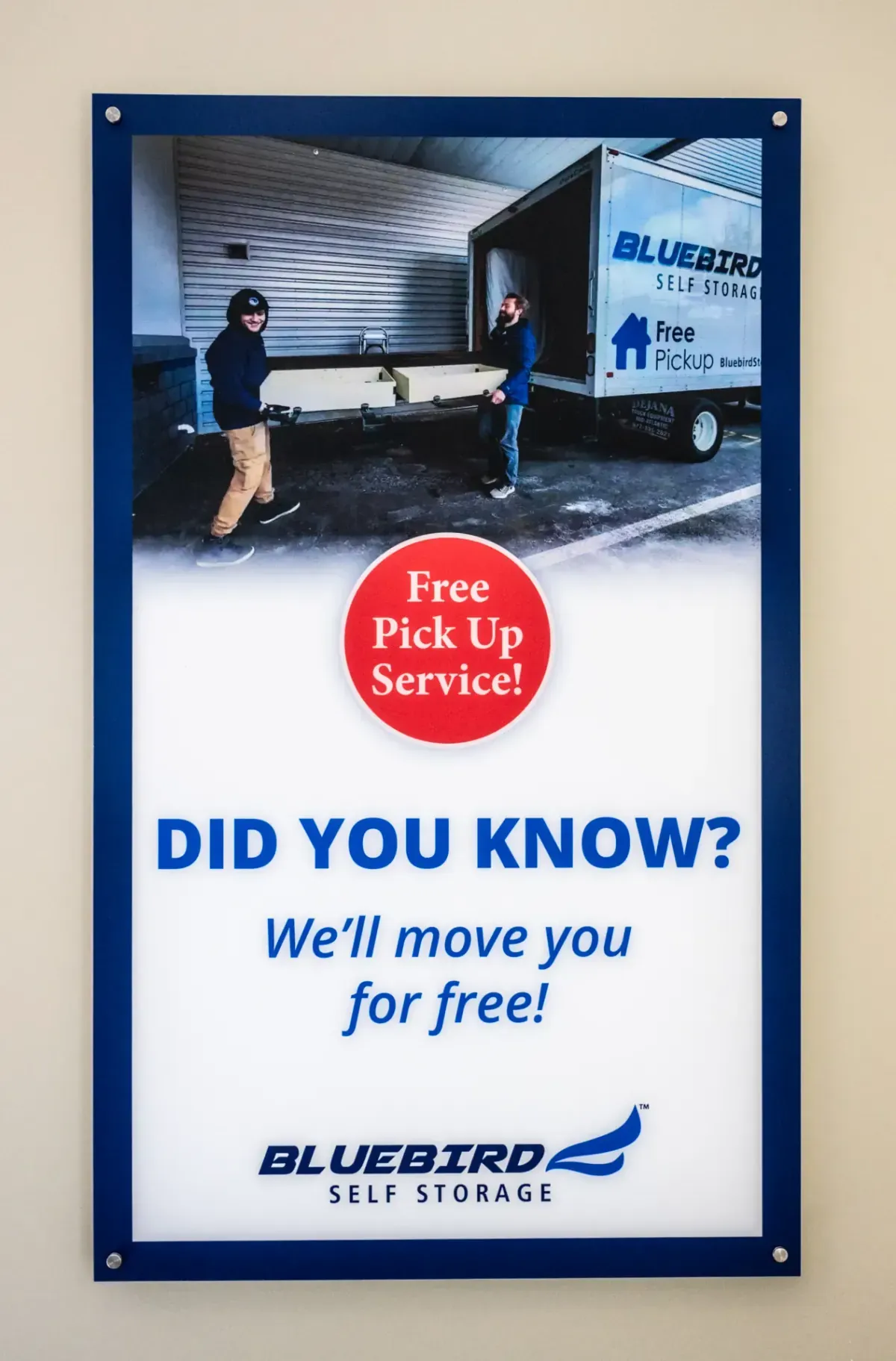 Bluebird free pick-up service promotional sign