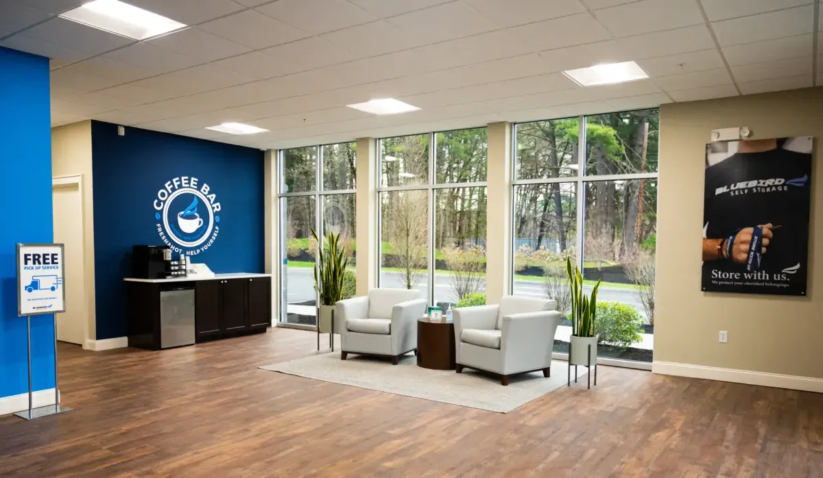 Bluebird lobby with coffee bar and seating area