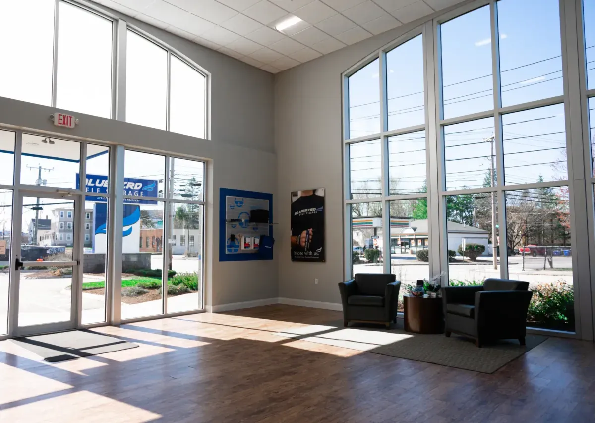 Bright Bluebird lobby with large windows and seating