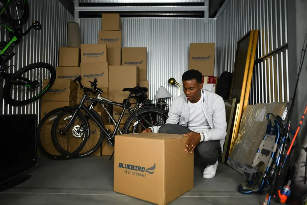 A man using brown Bluebird Storage packing boxes to organize his storage unit.