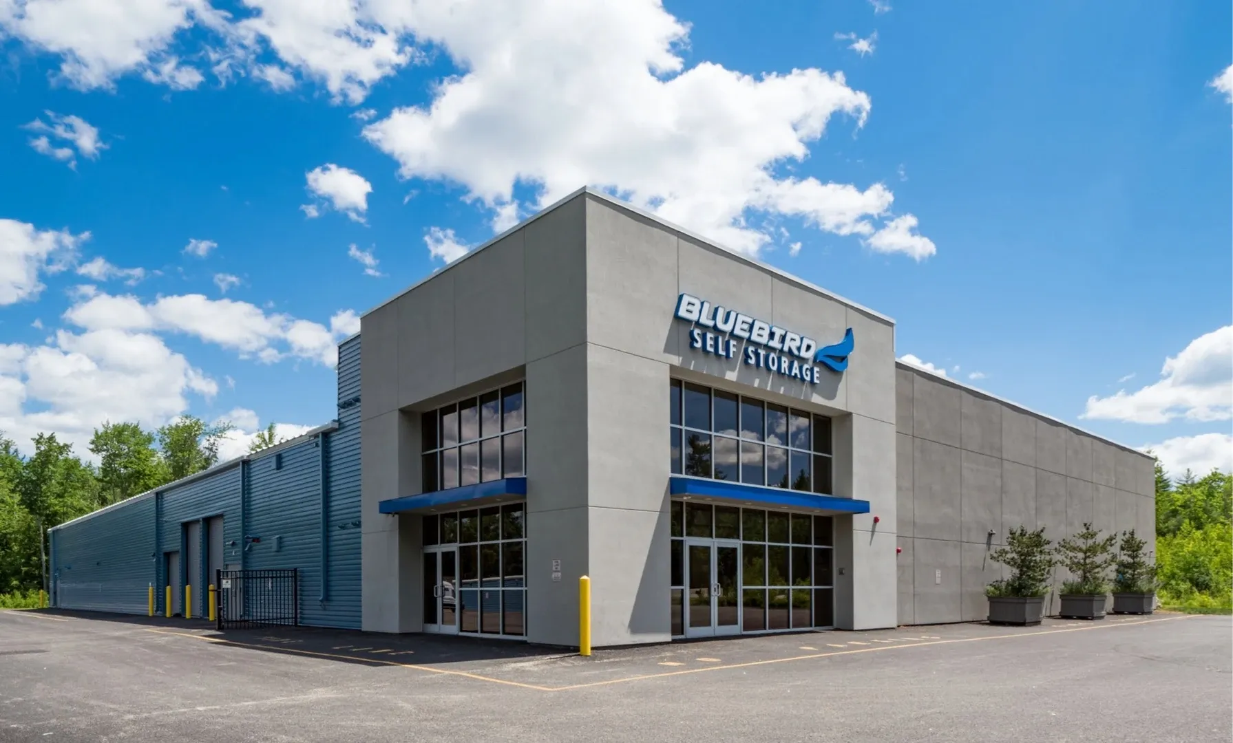 Exterior view of Bluebird Self Storage in Rochester, NH.