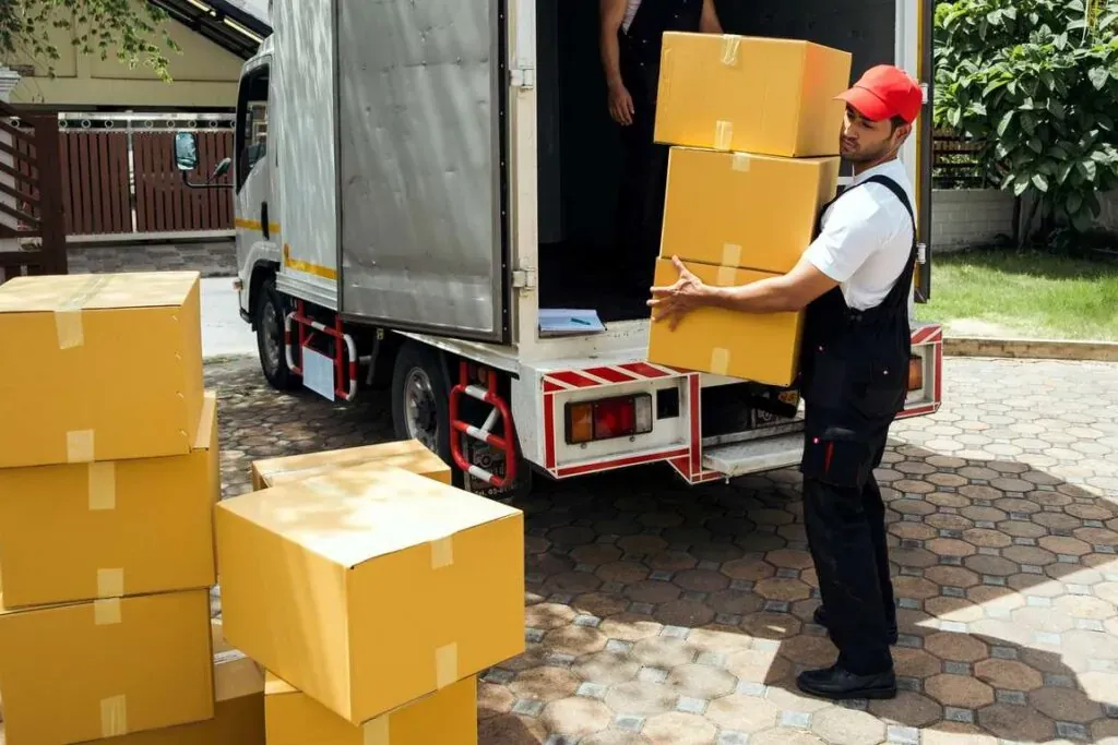 Delivery men unloading boxes from moving truck.